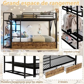 Łóżko piętrowe dla dzieci - 2 x 140 x 200 cm - rama żeliwna - z 2 szufladami + półki + diody LED - metalowe - czarne