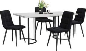 Zestaw do jadalni, stół-140×80×75cm z 4 krzesłami, MDF+metal+aksamit, czarny+biały
