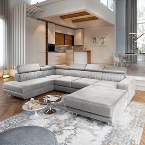 Masseno Narożnik SIENA z funkcją spania i pojemnikiem na pościel Narozniki U, Rozkładana sofa - Jasnoszary, MONOLITH 84