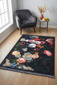 Czarny prostokątny dywan z kwiatami E8-N51