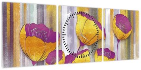 Obraz - Ilustracja kwiatów (z zegarem) (90x30 cm)
