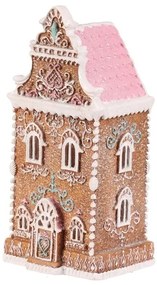 Dekoracja świąteczna Wieżyczka z piernika z różowym dachem, poliresin, LED, brązowy