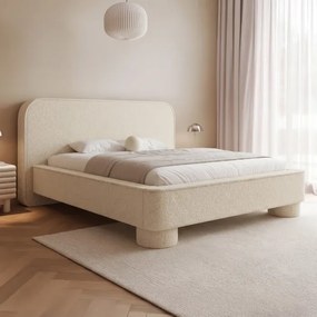 Łóżko Tapicerowane 140x200 cm ELARO z Pojemnikiem Jasnobeżowe Boucle Japandi