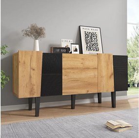 Komoda z 4 drzwiami i 2 szufladami, szafka RTV - 140 x 40 x 70 cm - Płyta wiórowa i nogi z litego drewna - Dąb