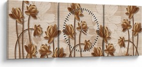 Obraz abstrakcji kwiatowej - brązowy (z zegarem) (90x30 cm)