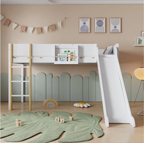 Łóżko dziecięce antresola 90x200 cm ze zjeżdżalnią i stelażem z listew, białe - bez materaca