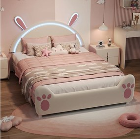Łóżko dziecięce 140x200 cm Królik z oświetleniem LED, wzór Ucho Królika, rama biało-różowa