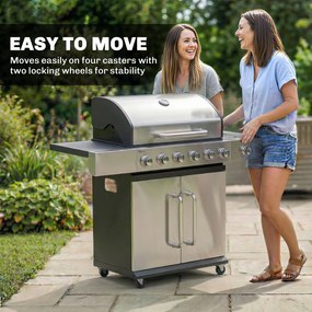 Outsunny Grill gazowy 18,6 kW 6+1 palników BBQ wózek grillowy ze stali nierdzewnej z kółkami, termometrem, półką podgrzewającą, bocznymi stolikami i szafką | Aosom PL