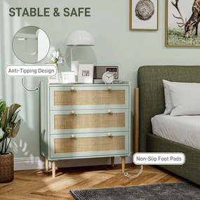 HOMCOM Komoda do sypialni z 3 szufladami, fronty rattanowe, do przedpokoju, pokój wejściowy, MDF, Jasnoniebieski