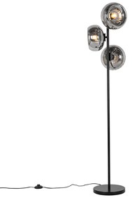 Lampa podłogowa art deco czarna z przydymionym szkłem 3-światła - Ayesha ArtDeco Oswietlenie wewnetrzne