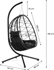 Fotel ogrodowy kokon wiszący Florino, ze stelażem, technorattan czarny