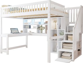 Łóżko piętrowe 140×200 cm - z oświetleniem LED - ze schodami ze schowkiem - z półkami - z biurkiem - Białe (materac nie jest zawarty)