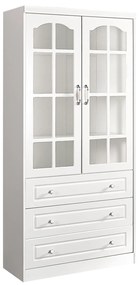 Regał na książki biały, przeszklony, 2 drzwi, 3 szuflady, Alexandra. Witryna 2 drzwiowa do salonu. Meble w stylu angielskim Victoria.