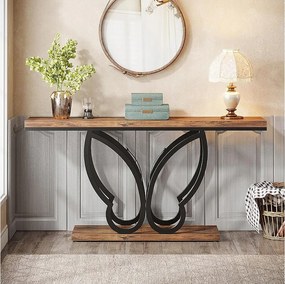 Stolik konsolowy 140 cm, stolik do przedpokoju z metalową ramą w kształcie motyla, stoliki boczne do sofy, długie i wąskie, brązowe i czarne