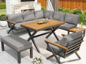 Salon ogrodowy, zestaw mebli na 6-7 osób - kanapa narożna - z żelaza ocynkowanego - stoły jadalniane z tworzywa drewnopodobnego - fotele - ławka, Szary