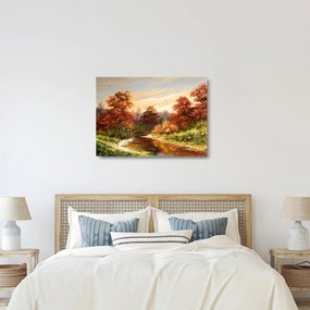 Obraz na szkle rzeki w jesiennym krajobrazie, obraz olejny (70x50 cm)