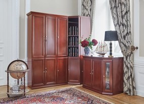Szafa narożna gabinetowa Diamante. W dolnej części znajdują się półki, w górnej części można zamontować półki lub drążek. Szafa fornirowana klasyczna biurowa idealna do kancelarii lub biura.
