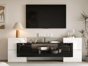 Meble TV 2m z drewna z 2 szufladami i 2 otwartymi półkami - Biały i Czarny