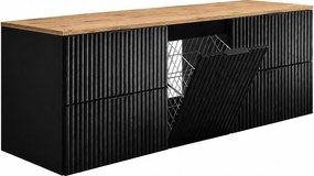 Szafka łazienkowa wisząca pod umywalkę z koszem na pranie, czarny / blat dąb craft, uchwyty czarne, 160 x 46 x 57 cm