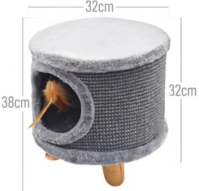 Solidny drapak dla kota, mały 38cm, szary z piórkiem i legowiskiem Cabin II