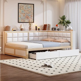 Sofa dziecięca rozkładana - 140 x 200 cm - z miękkim oparciem + duża szuflada - drewno - naturalne