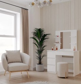 Biała lewostronna toaletka z lustrem i regałem W2-W57