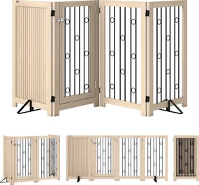 PawHut Wolnostojąca bramka dla zwierząt, bramka dla psa z drzwiami, 4 panele, do korytarza, schodów, ościeżnicy, MDF, stal | Aosom PL