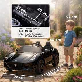 AIYAPLAY Maserati Elektryczny samochód dla dzieci, 2-miejscowy, zasilanie 12V, pilot, światła LED, funkcja muzyki, Czarny