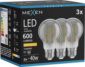 Mexen Vintis 3x żarówka filament LED E27, A60, 8W, Ciepła - 2200K, 600 lm, smoke - L150-E27-0822-70x03