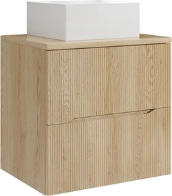 Szafka łazienkowa wisząca prążkowana z kwadratową umywalką nablatową – Jasny naturalny – 60 cm – ORISO