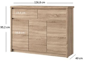 Komoda Trzydrzwiowa z Szufladami Drewniana do Salonu MAURA 127 cm Dąb sonoma Loft