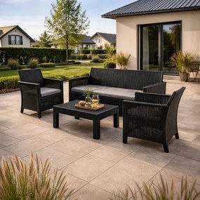 Zestaw Mebli Ogrodowych SAVIO Czarny Sofa 2x Fotel Stolik Tarasowy Technorattan Nowoczesny