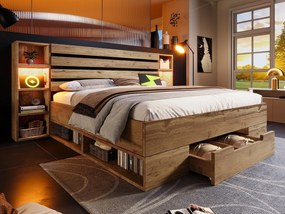 Łóżko dla dorosłych 180×200 cm z drewna + MDF - z lampką do czytania + gniazdkami do ładowania - z podstawą z listew - Naturalne