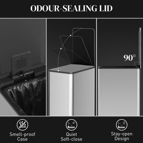 HOMCOM Kosz na śmieci 20L, ciche zamykanie, przegródka na odświeżacz, odporny na odciski, stal nierdzewna, srebrny