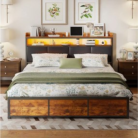 Rama łóżka podwójnego 160x200 cm czarna z podświetlanym zagłówkiem LED, 4 szuflady do przechowywania i wbudowana półka, styl vintage tapicerowany