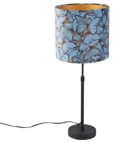 Lampa stołowa czarna z abażurem z weluru z motywem motyli w kolorze złotym 25 cm - Parte klasyczny/Antyczny Oswietlenie wewnetrzne