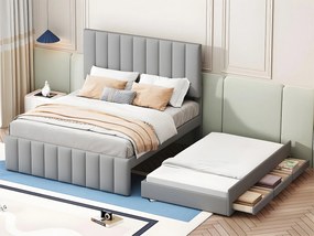 Łóżko tapicerowane lniane 140x200cm - z łóżkiem wysuwanym na kółkach i 3 szufladami - Szare