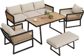 Zestaw mebli ogrodowych modułowych 6-osobowych ze stali ocynkowanej: 1 sofa 3-osobowa + 2 fotele + 1 ławka + stół prostokątny - Beżowy