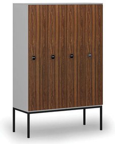 Drewniana szafa ubraniowa z podstawą, 4-drzwiowa, 1871 x 1200 x 500 mm, demontaż, zamek RFID, szary/orzech
