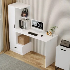 Biurko Komputerowe z Regałem 142 cm – Białe Loft do Biura i Pokoju