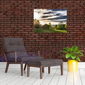 Obraz na szkle - domek na łące (70x50 cm)