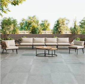 Zestaw mebli ogrodowych modułowych z ocynkowanego żelaza: 2 dwuosobowe sofy + 2 stoliki boczne + składane stoliki kawowe - Beżowy + brązowy