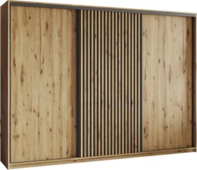 Szafa Przesuwna VONTE 270 cm z Lamelami Szafa Trzydrzwiowa z Szufladami Dąb Artisan