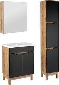 Zestaw Łazienkowy 60cm 2D Alma Słupek Szafka z Lustrem Dąb Wotan / Czarny Mat