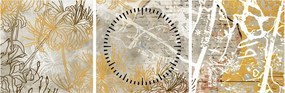 Obraz - Ściana w stylu vintage z kwiatami (z zegarem) (90x30 cm)