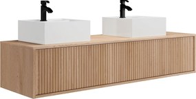 Podwieszana szafka łazienkowa prążkowana z podwójną umywalką - Jasny naturalny - 150 cm - ARNEGA