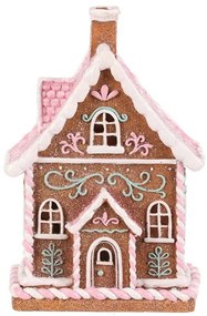 Dekoracja świąteczna Domek z piernika z różowym dachem, poliresin, LED, brązowy