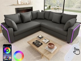 Kanapa narożna w kształcie litery L - 4 osoby - z oświetleniem LED - port ładowania USB - welur prążkowany - szary