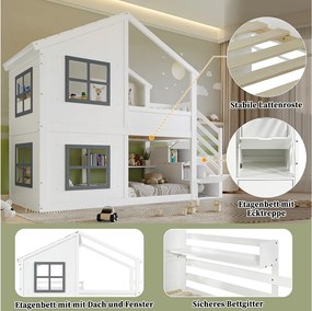 Łóżko piętrowe dla dzieci - 2 x 90 x 200 cm - z oknami + dachem + drabinką - sosna + płyta MDF - biały + szary