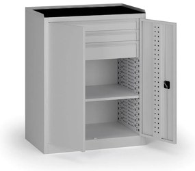 Szafa warsztatowa na narzędzia niska KOVOS, 1 półka, 3 szuflady, 950 x 600 x 1180 mm, szary